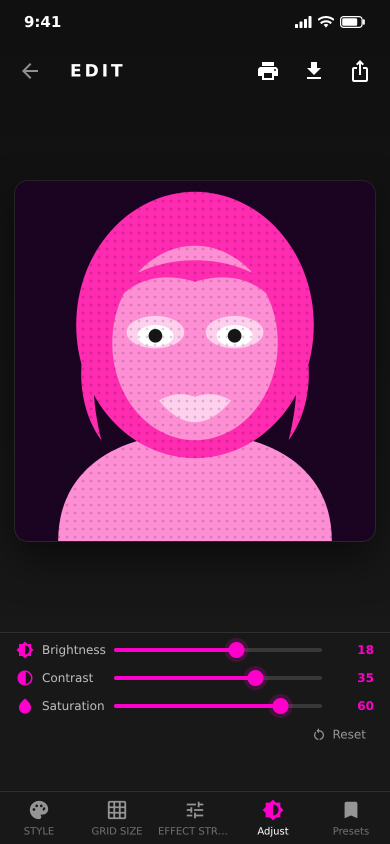 Sliders for brightness, contrast and saturation with a reset button