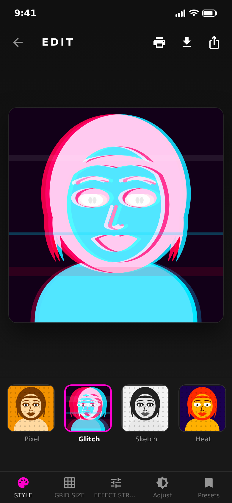 Style picker with Pixel, Glitch, Sketch and Heat as live previews