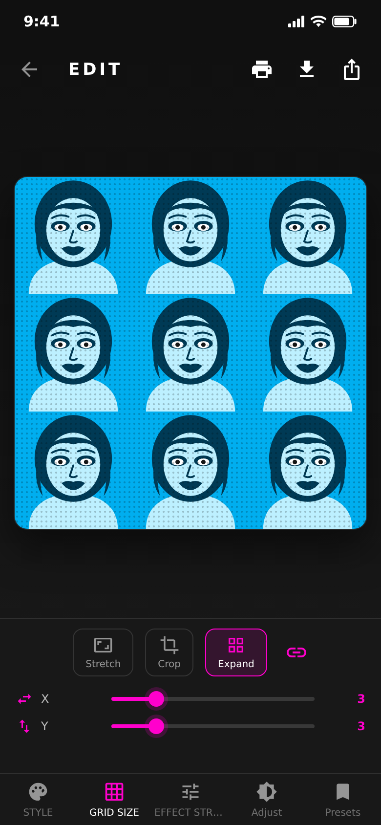 Grid tab with distort, crop and expand plus X and Y sliders at 3 by 3