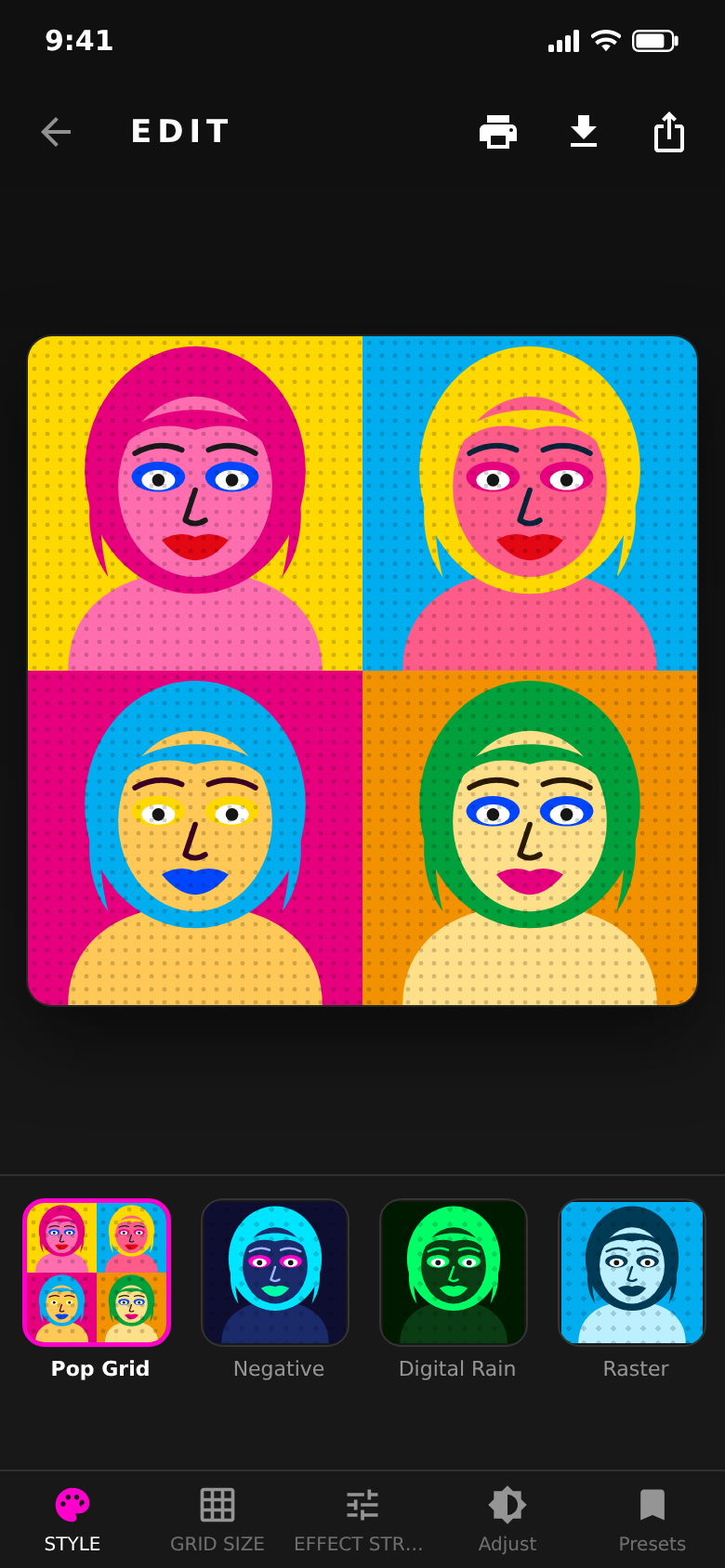 Editor with the Pop Grid style: one portrait as a four-part colour grid